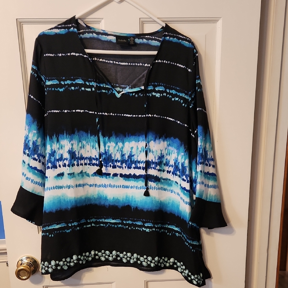 Rafaella XL Black and Blue Patterned 3/4 Sleeve Top